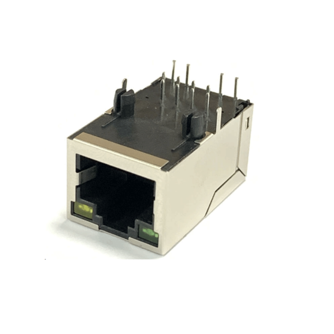 8P8C 1X1 网口连接器 RJ45 带100BASE变压器 (左绿右黄）PBT黑色 扁针Au 6u" 铜壳镀镍